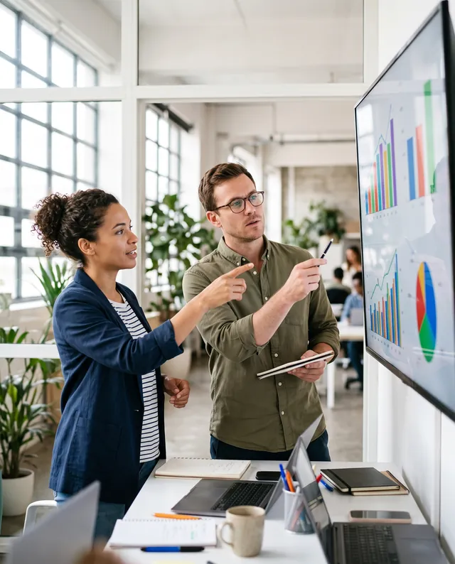 Two analysts reviewing charts on a large monitor