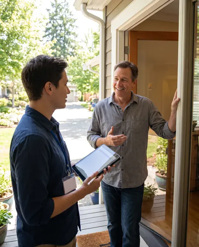 Interviewer with a tablet talking to a respondent at his front door