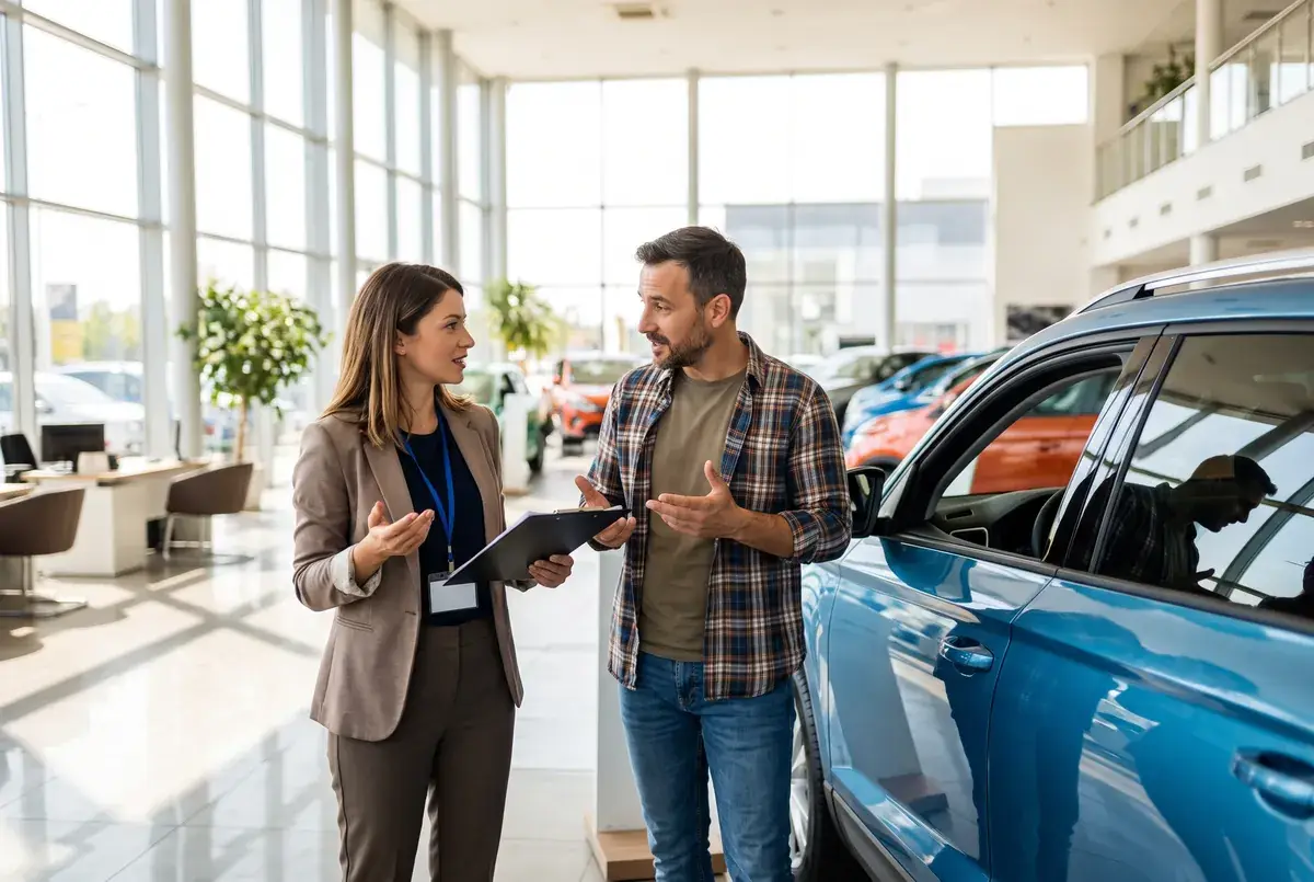 A researcher interviewing a car owner beside a modern car in a bright dealership