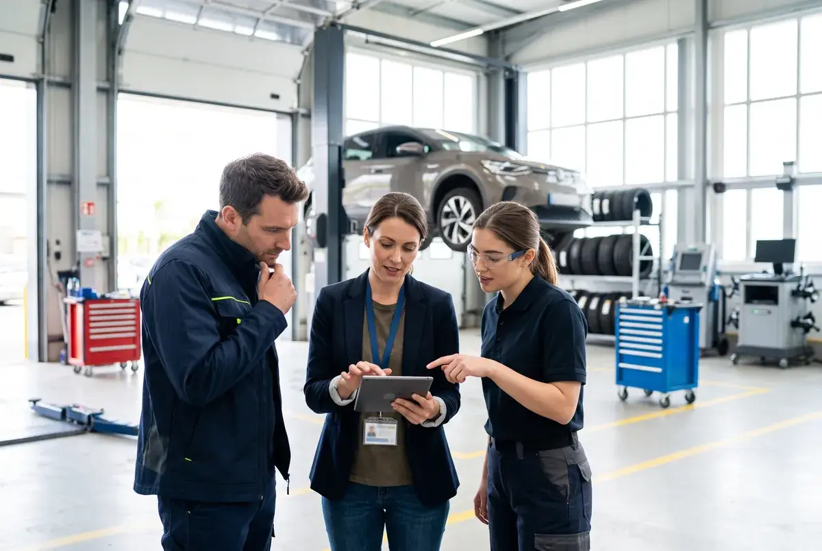 Automotive engineers and a researcher reviewing survey results on a tablet in a bright workshop