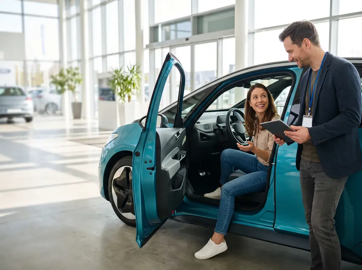 A car owner taking part in an automotive research interview in a bright showroom