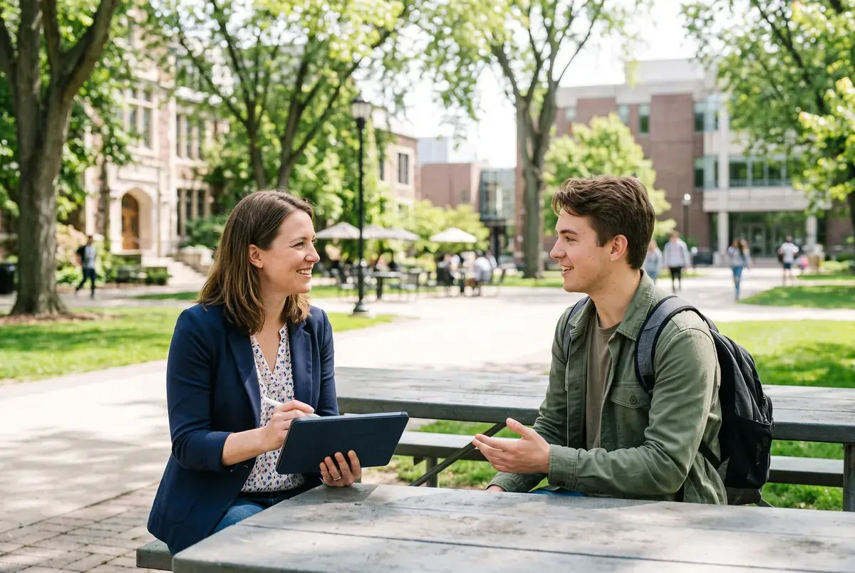A researcher interviewing a university student on a bright campus
