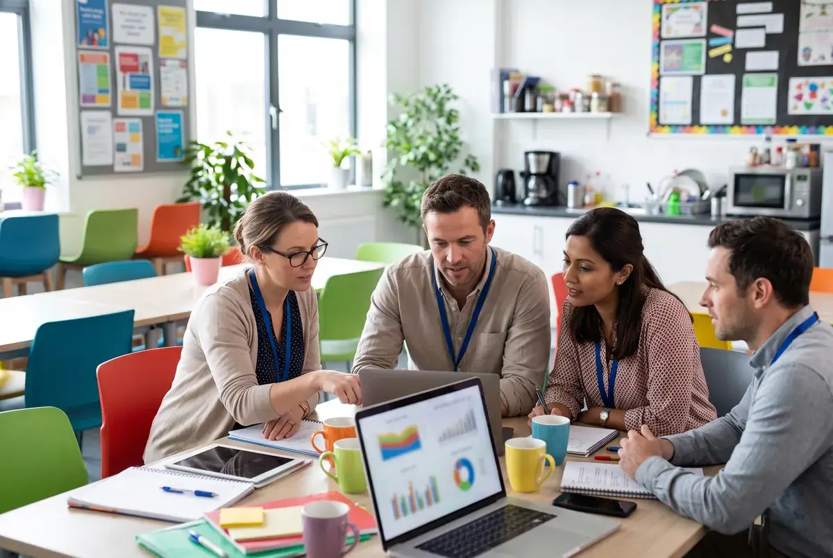 Teachers discussing survey results around a laptop in a bright staff room