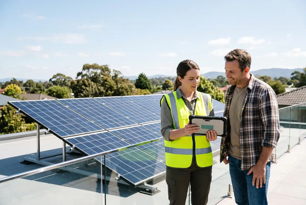 A field researcher with a tablet talking with a homeowner beside rooftop solar panels