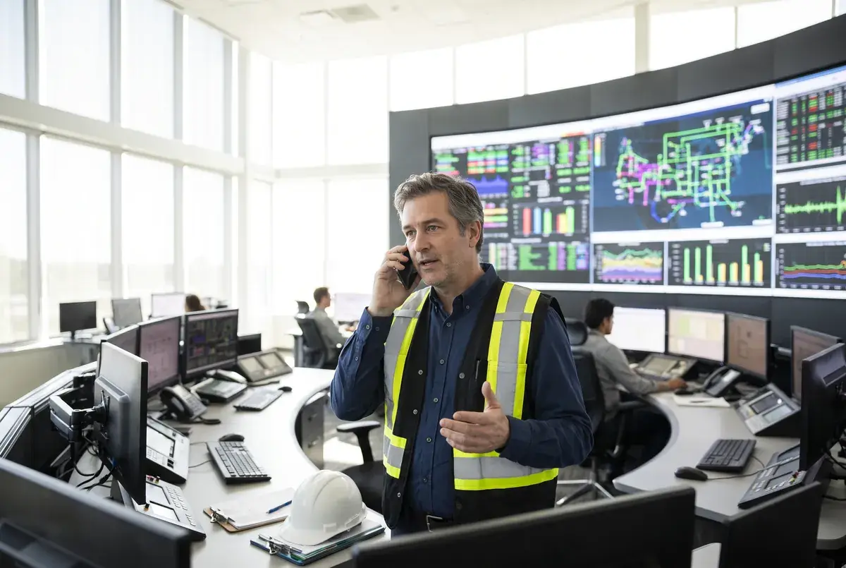 An energy facility manager on the phone in a bright, modern control room