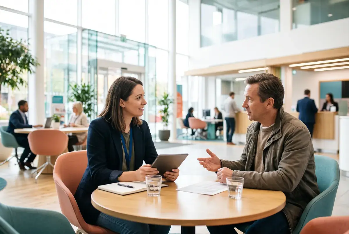 A bank customer being interviewed by a researcher in a bright, modern bank branch
