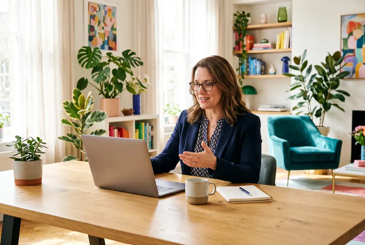 A financial adviser taking part in a video interview from a bright office