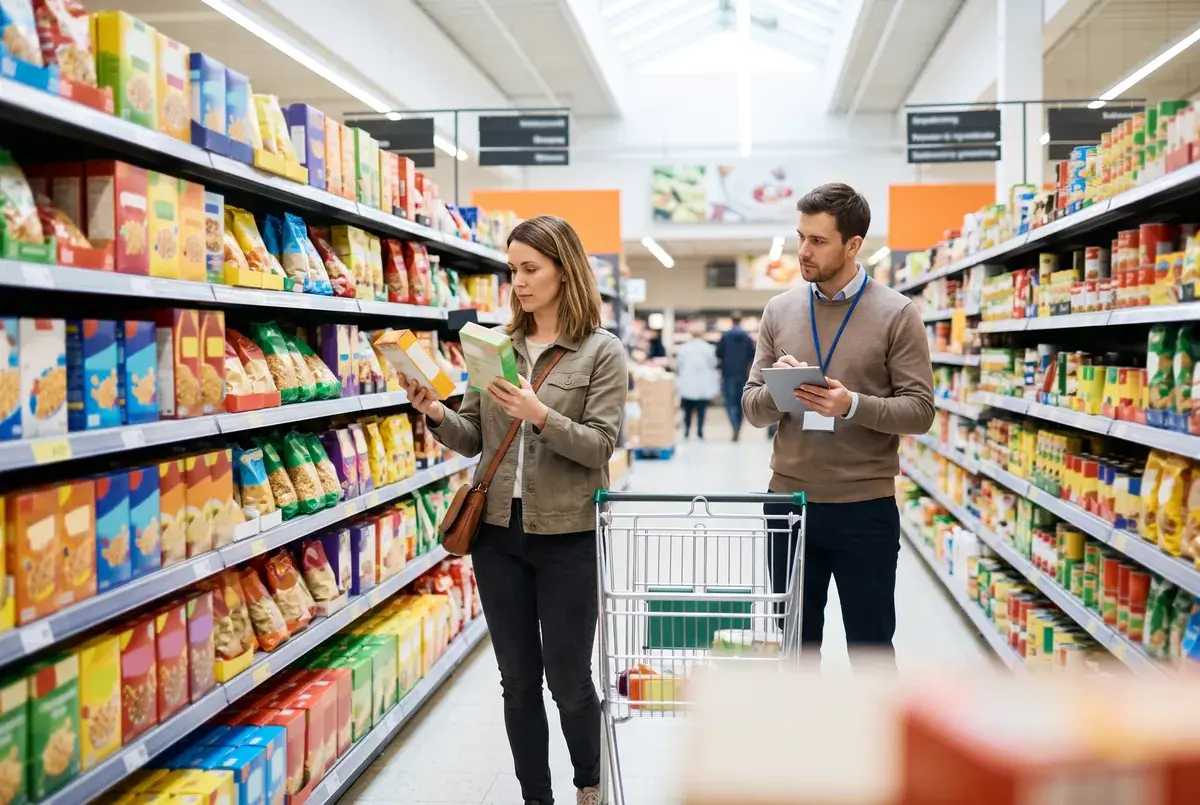 A shopper comparing products in a bright supermarket aisle while a researcher takes notes