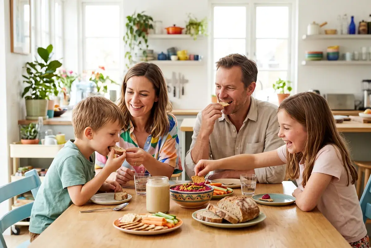 A family testing a new food product at a bright kitchen table