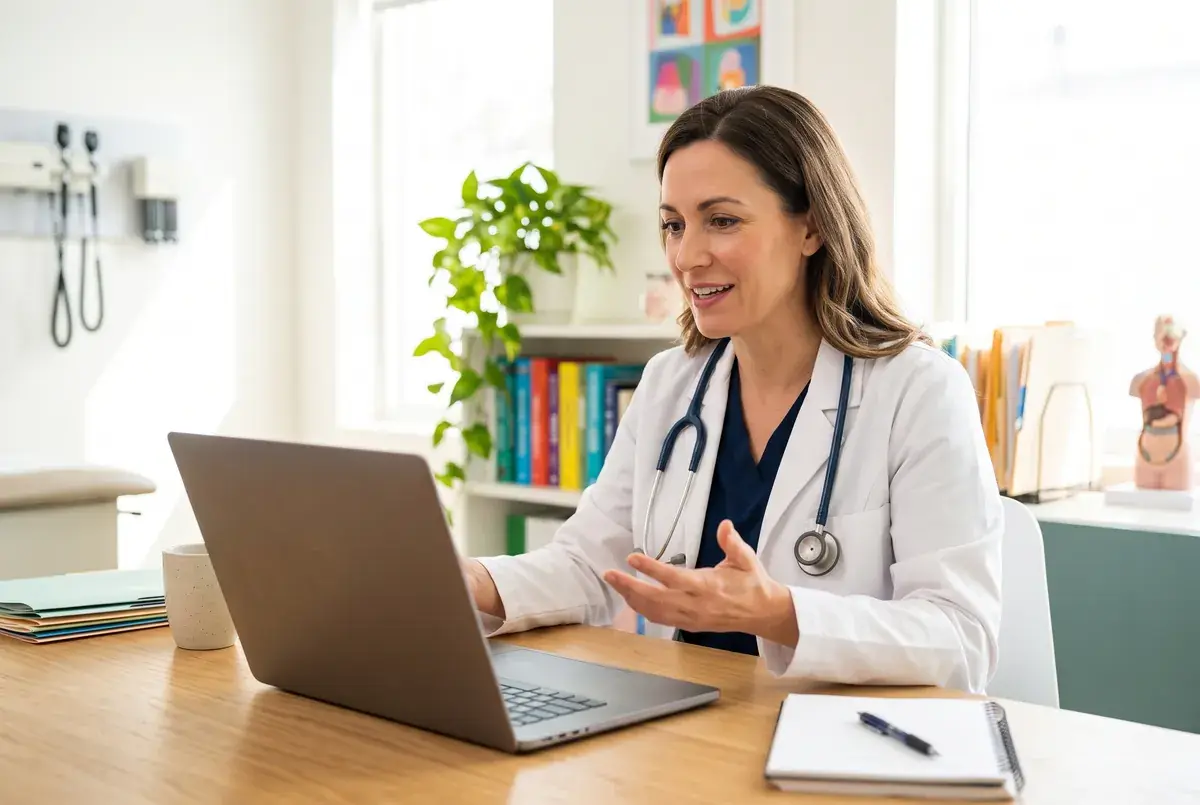 A doctor taking part in a video research interview in a bright clinic office