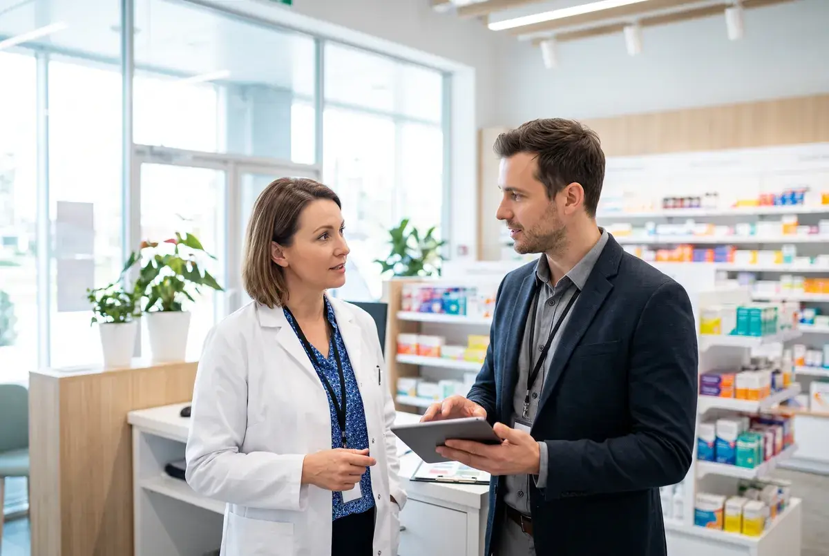 A pharmacist talking with a researcher in a bright, modern pharmacy