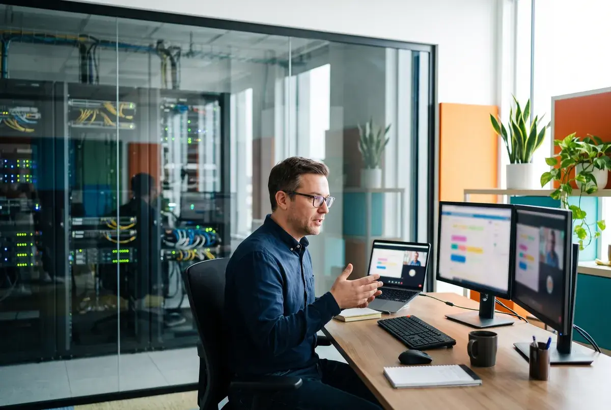 An IT manager taking part in an online interview from a bright office