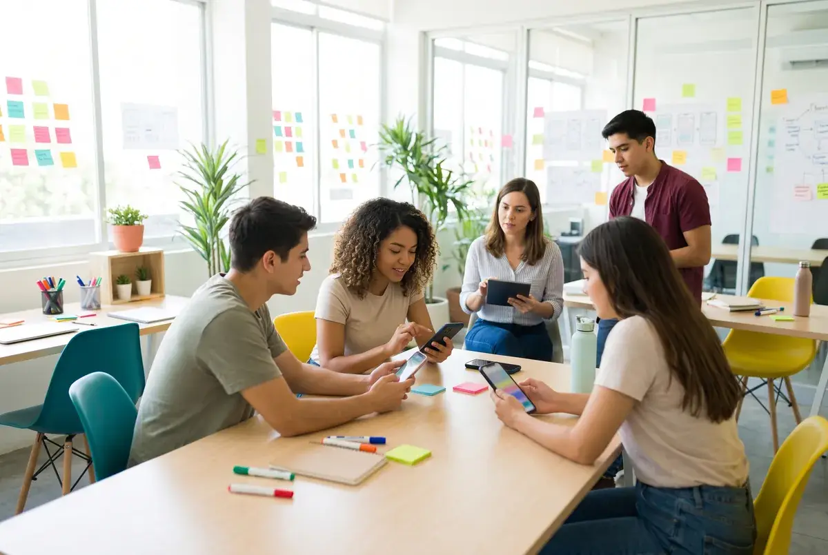 Young people testing a new mobile app on smartphones in a bright research room