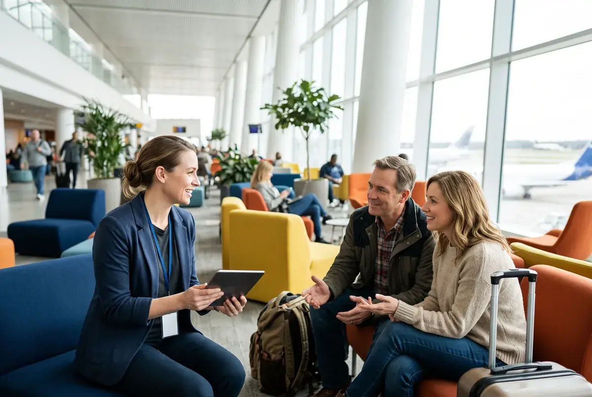 A researcher with a tablet interviewing travellers in a bright airport lounge