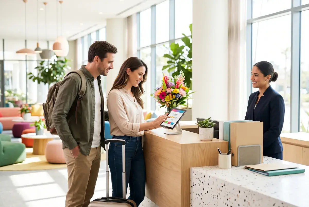 Hotel guests completing a short survey on a tablet at a bright reception desk