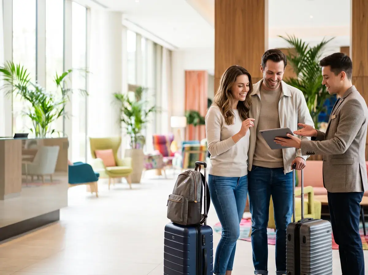 Travellers taking part in tourism research in a bright hotel lobby