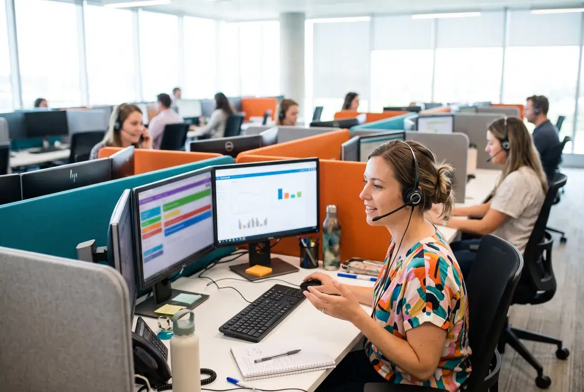 A telephone interviewer with a headset conducting a survey call in a bright CATI centre