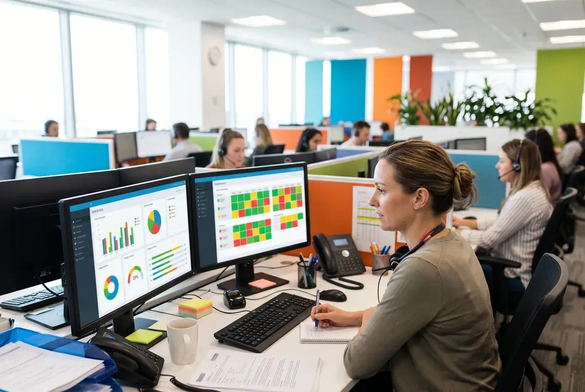 A CATI supervisor monitoring calls and quotas on a screen in a bright office