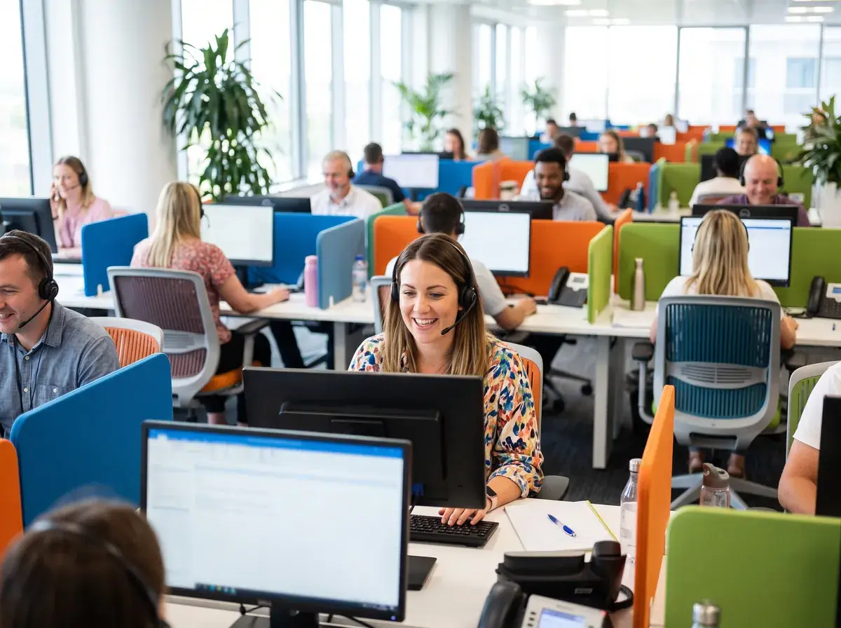 Telephone interviewers working in a bright CATI centre