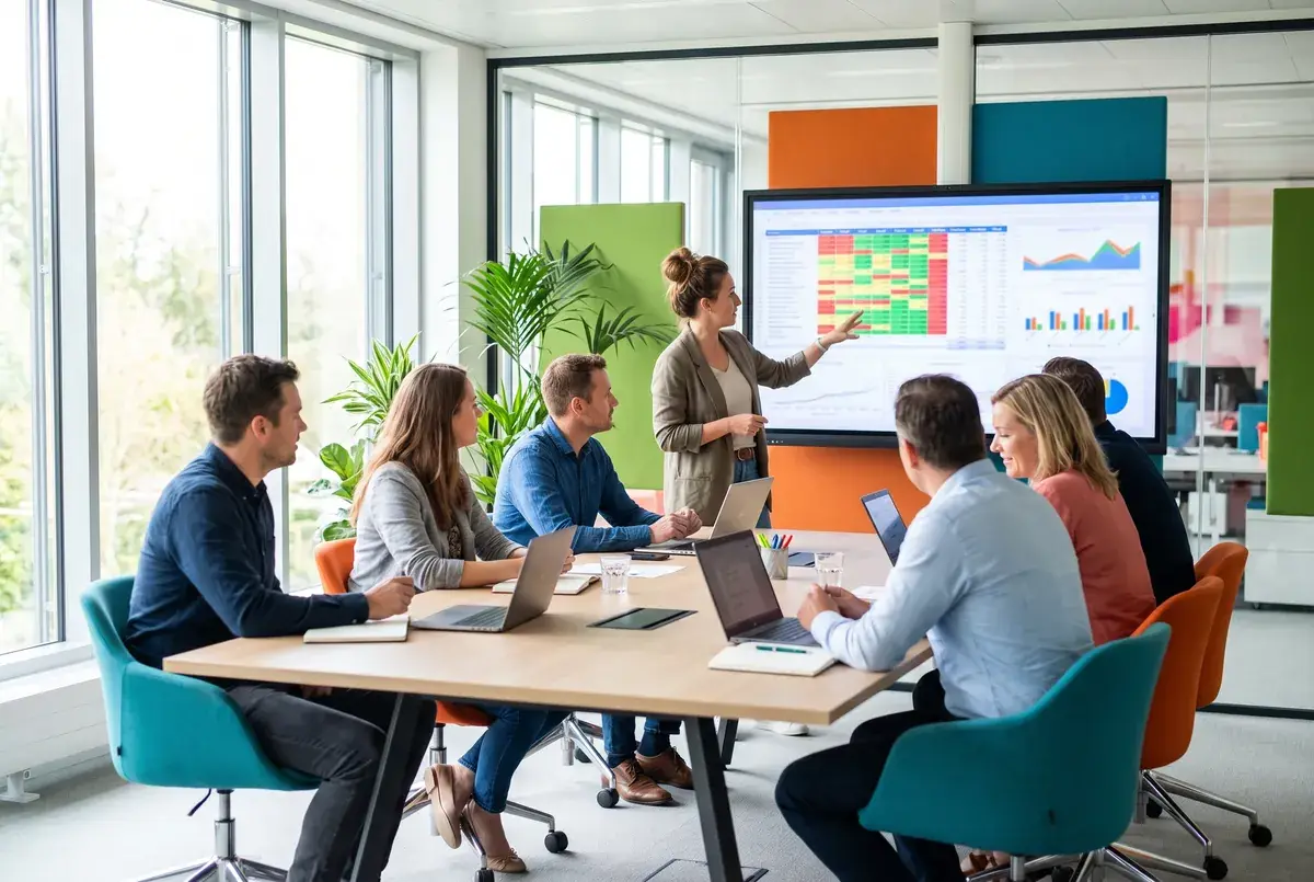 A data processing team reviewing tables together on a large screen in a bright meeting room