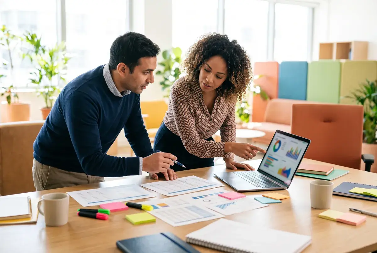 Two analysts comparing printed tables and a laptop chart at a bright desk