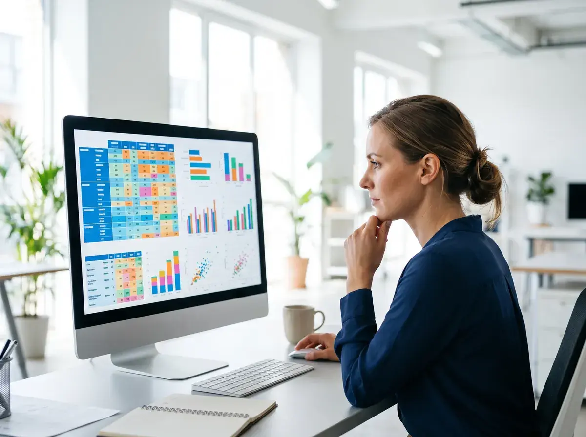 A data analyst reviewing cross-tabulations on a large monitor