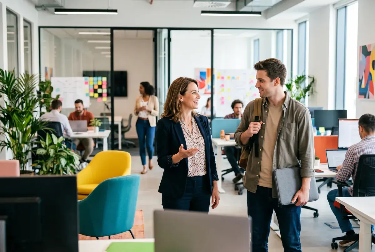 A research manager welcoming a new extended team member in a bright agency office
