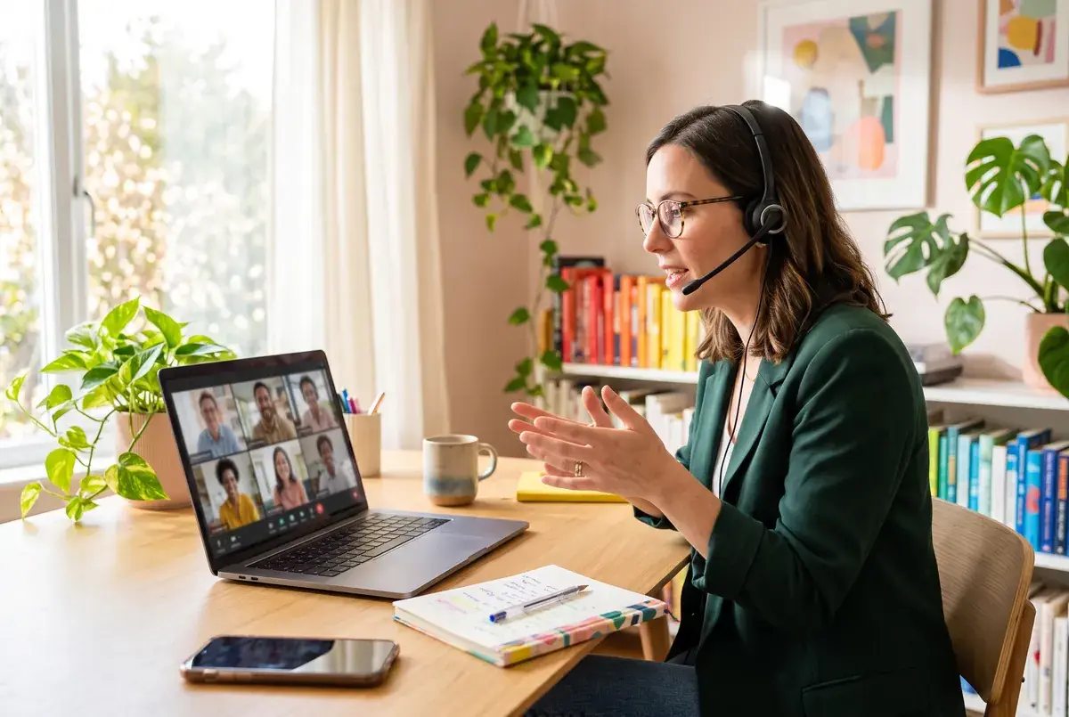 A research analyst on a video call with an agency team from a bright home office