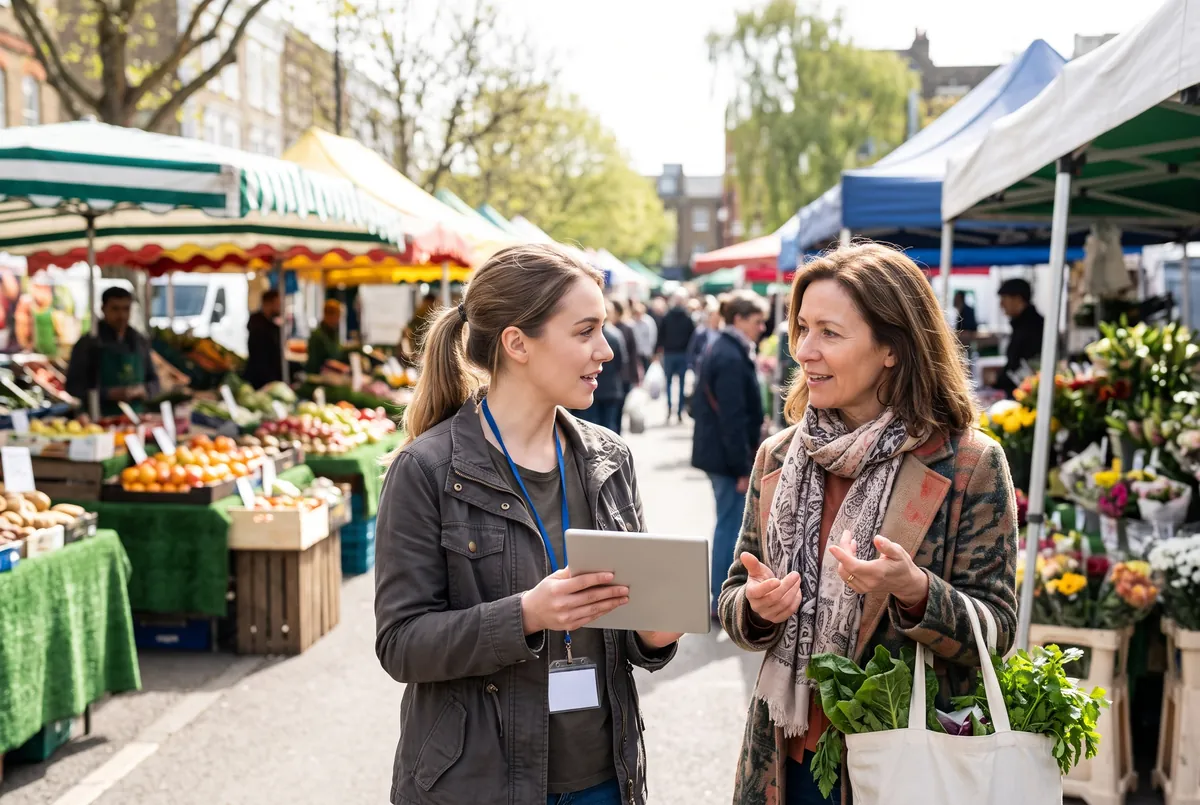 A field interviewer with a tablet interviewing a shopper at a bright outdoor market
