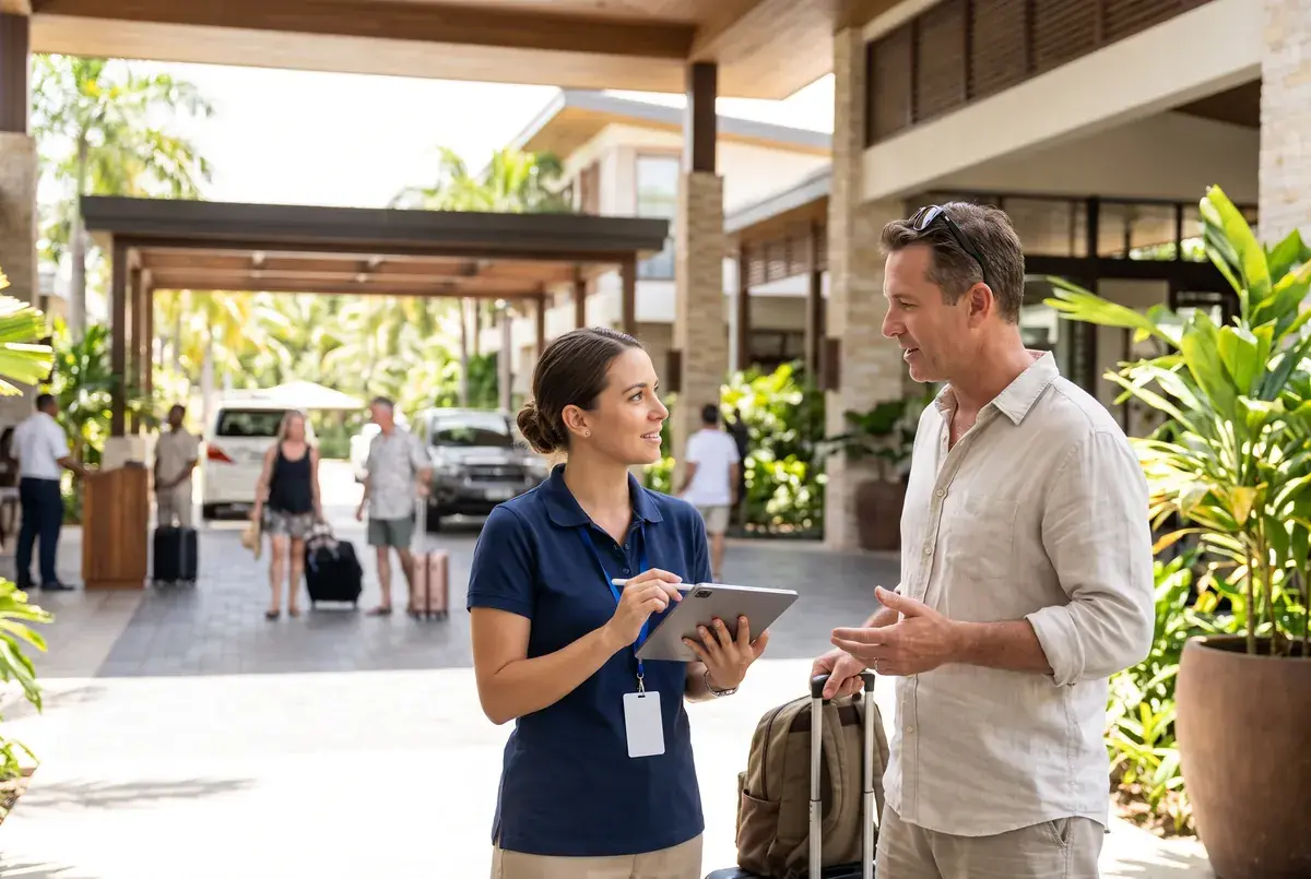 An interviewer with a tablet conducting an exit interview with a visitor at a bright resort entrance