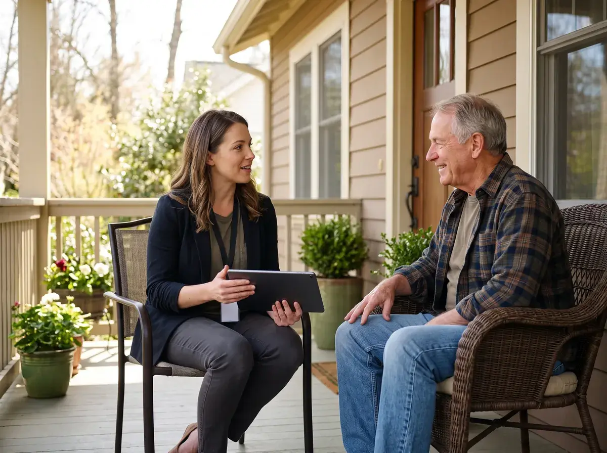 A field interviewer with a tablet interviewing a respondent outdoors
