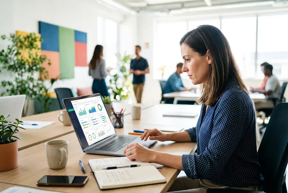 A project manager reviewing a live quota dashboard on a laptop in a bright office
