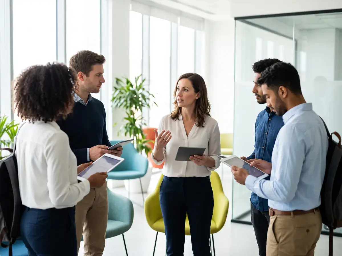 A fieldwork manager briefing interviewers before a study