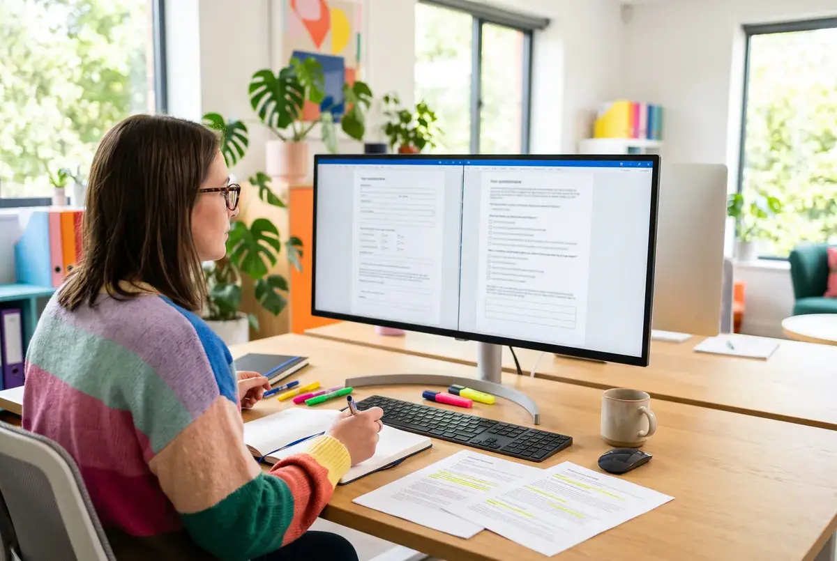 A translator checking two language versions of a questionnaire side by side in a bright office