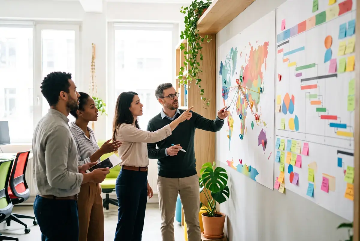 A team reviewing a world map and project timeline on a wall in a bright office