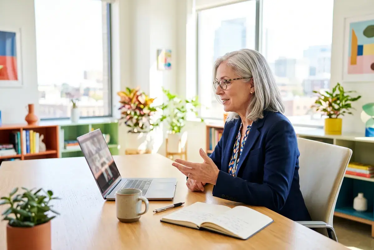 A senior executive taking part in a research interview by video from a bright office