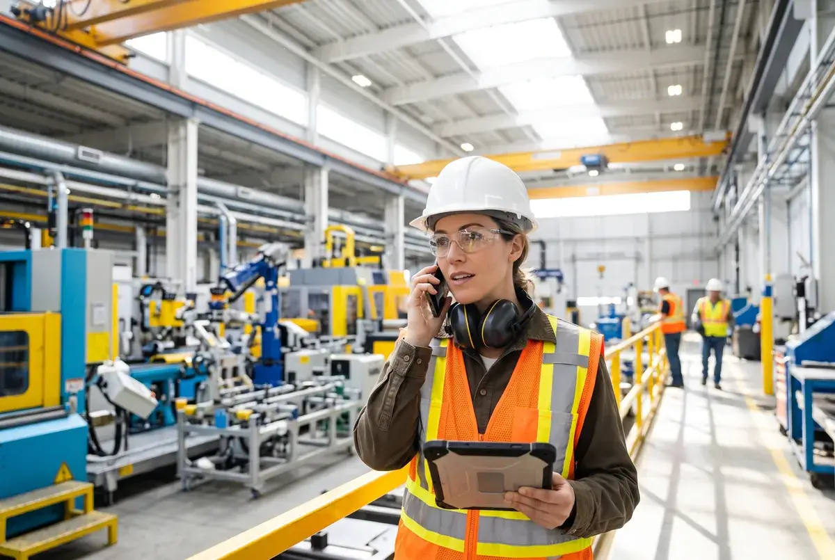 An engineer in safety gear taking a research call on a bright factory floor
