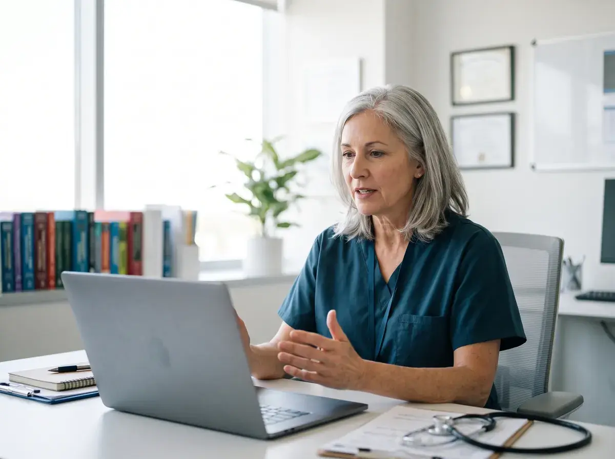 A senior specialist taking part in a research interview by video