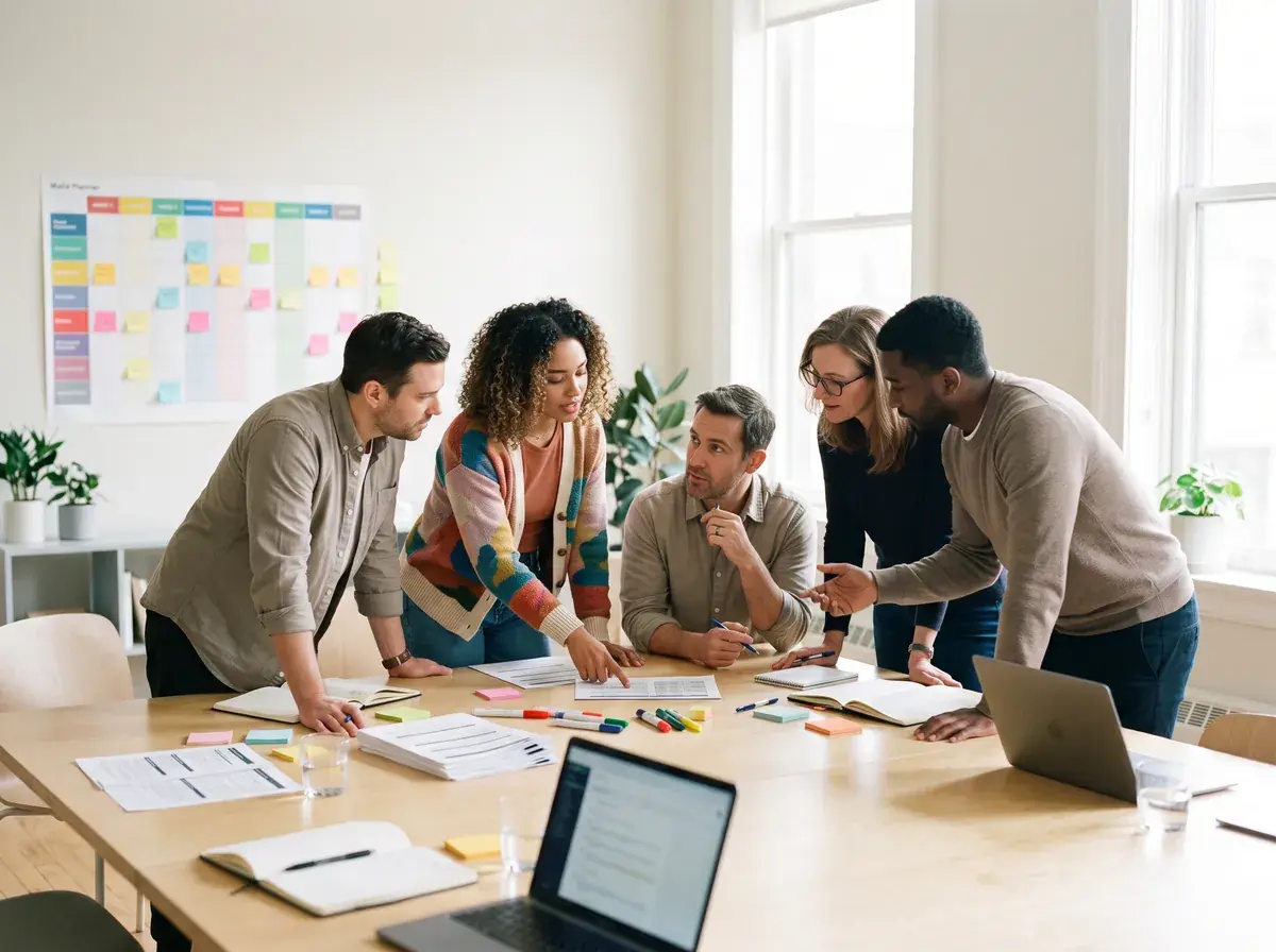 A research operations team planning fieldwork around a large table