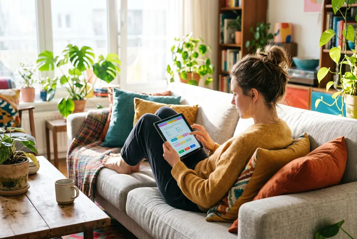 A woman answering an online survey on a tablet on a sunny sofa at home