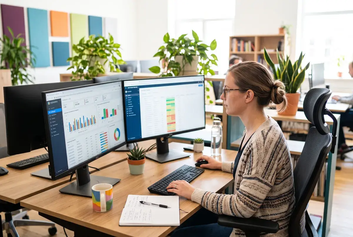 A data quality analyst reviewing survey responses on two monitors in a bright office