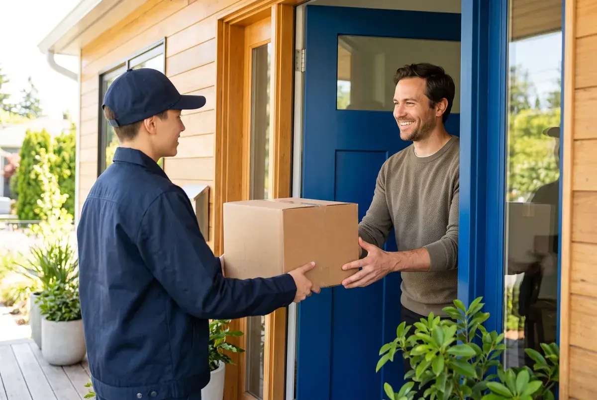 A courier handing a plain, unbranded product parcel to a smiling man at his front door