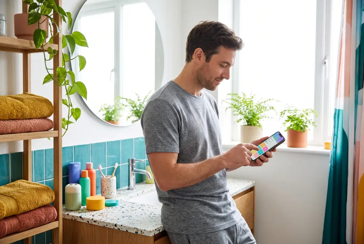 A man filling in a product diary on his phone in a bright bathroom