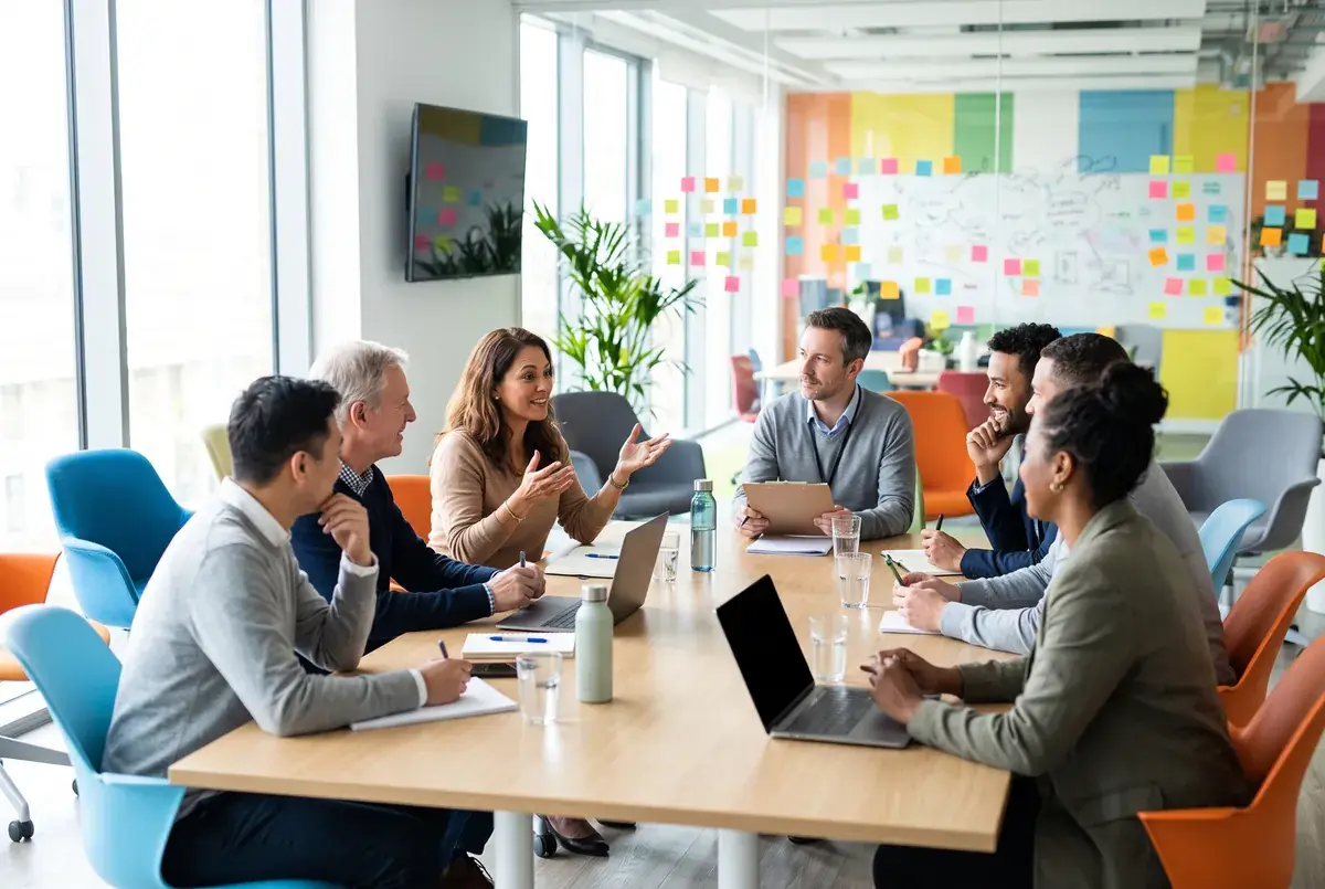 Participants in a lively focus group discussion in a bright, modern research room
