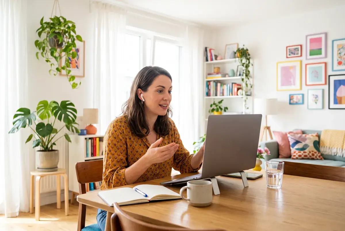 A woman taking part in an online in-depth interview from her bright home