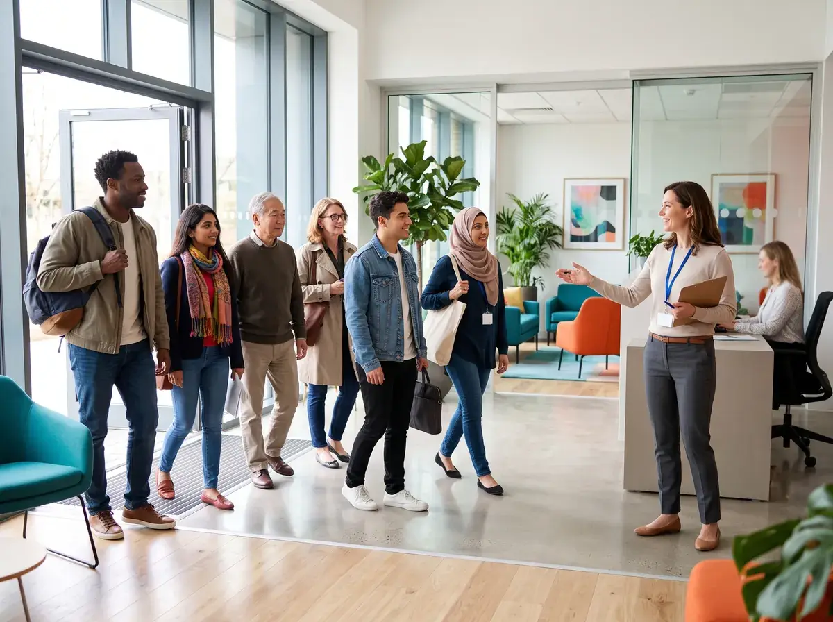 Participants arriving for a focus group in a bright research facility