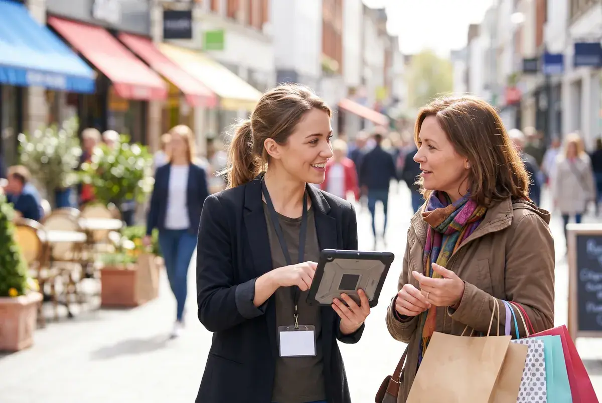 A field interviewer running a tablet survey with a shopper on a busy street during quantitative recruitment