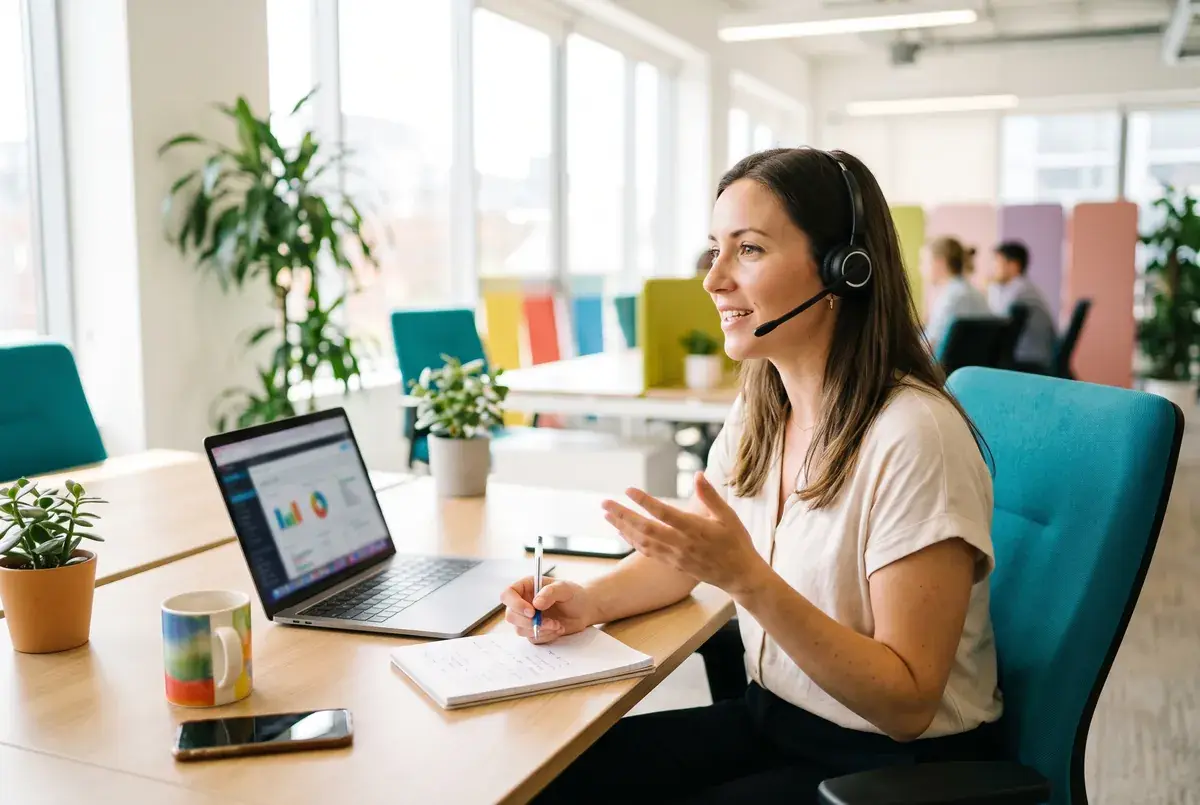 A recruiter screening a research participant by phone at a bright desk