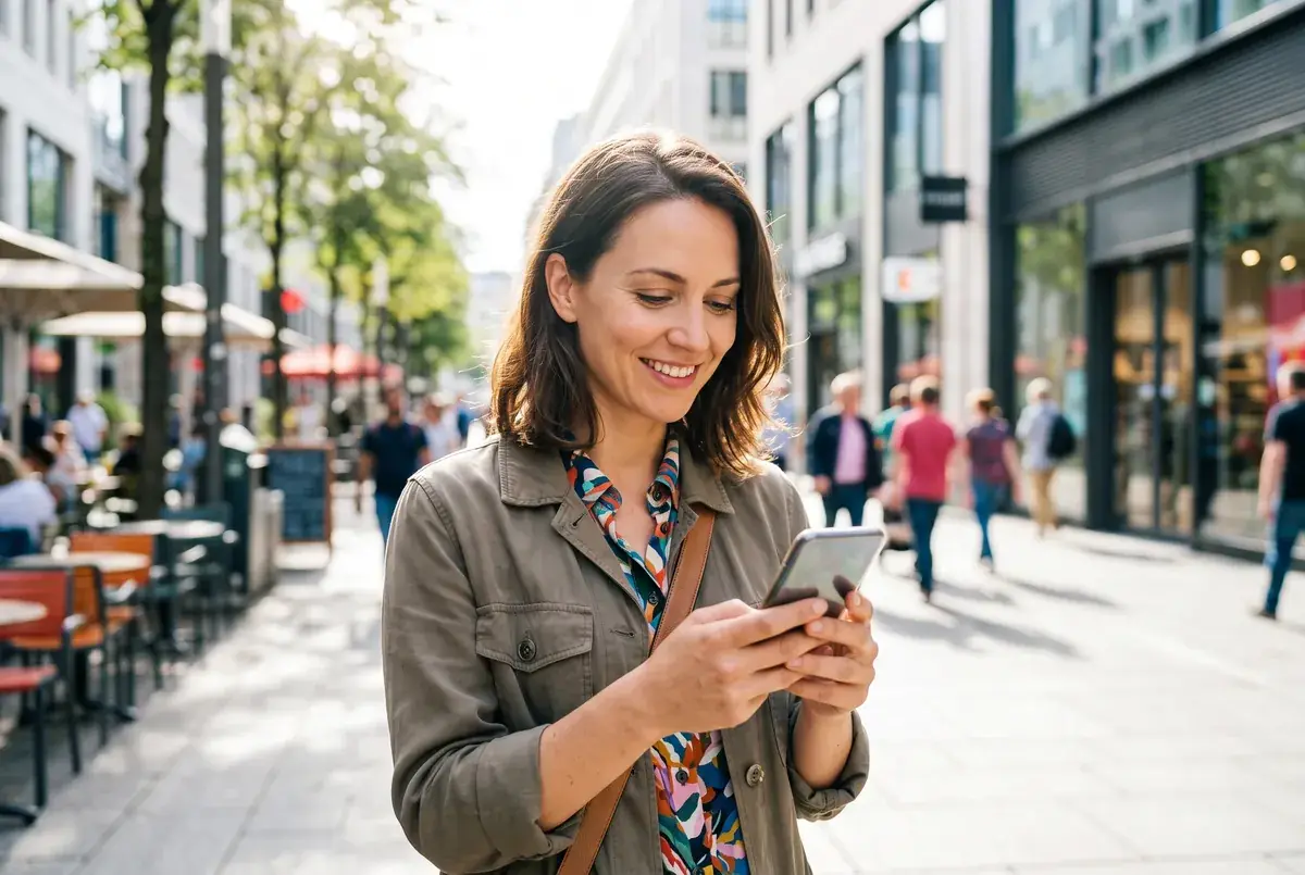 A smiling participant reading a session reminder on her phone on a bright city street