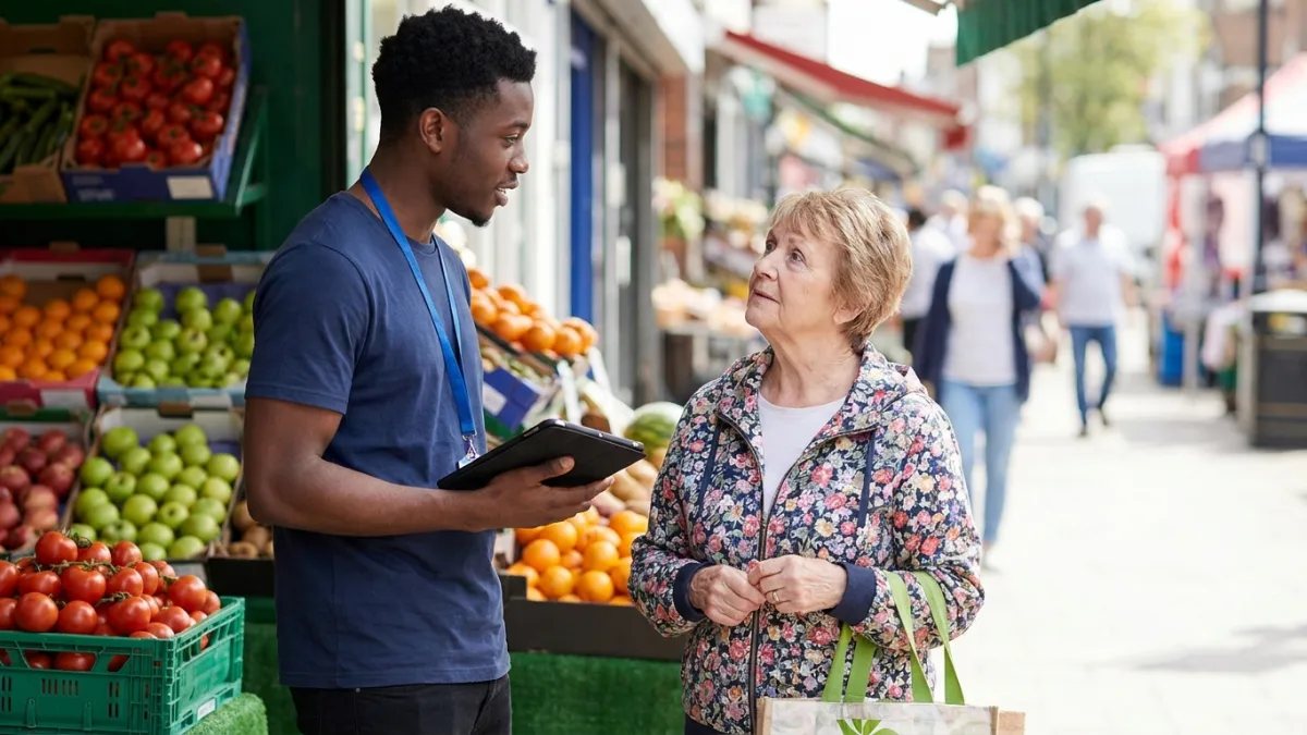 A young interviewer holding a tablet talks with an older woman carrying a shopping bag outside a fruit and vegetable shop